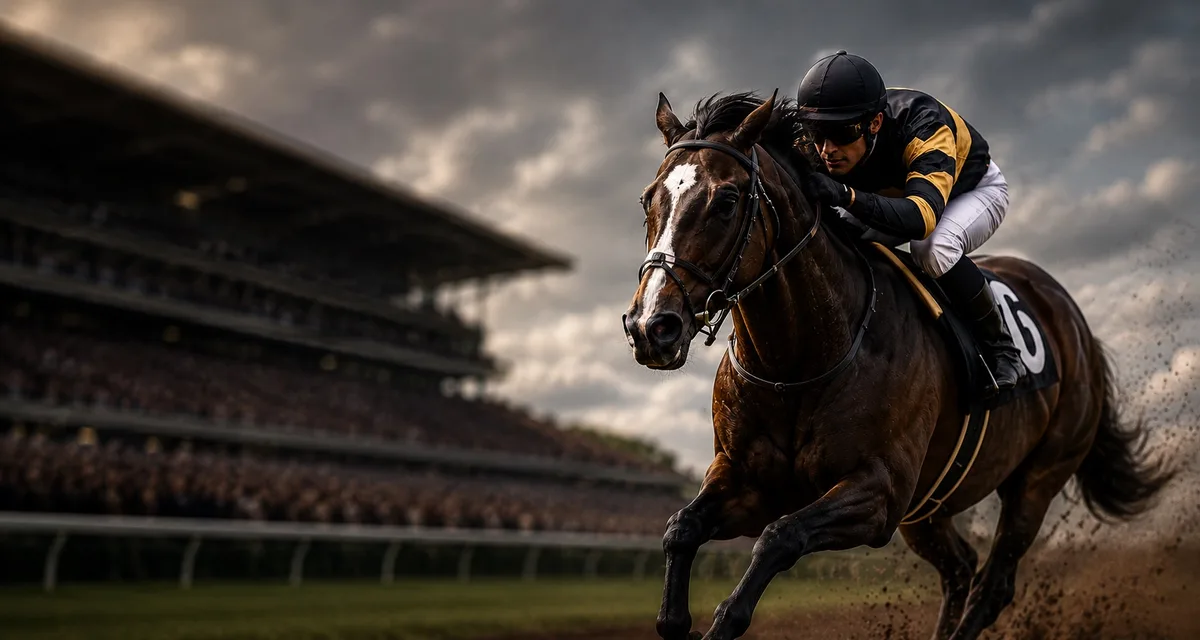 A racehorse and jockey driving towards the finish